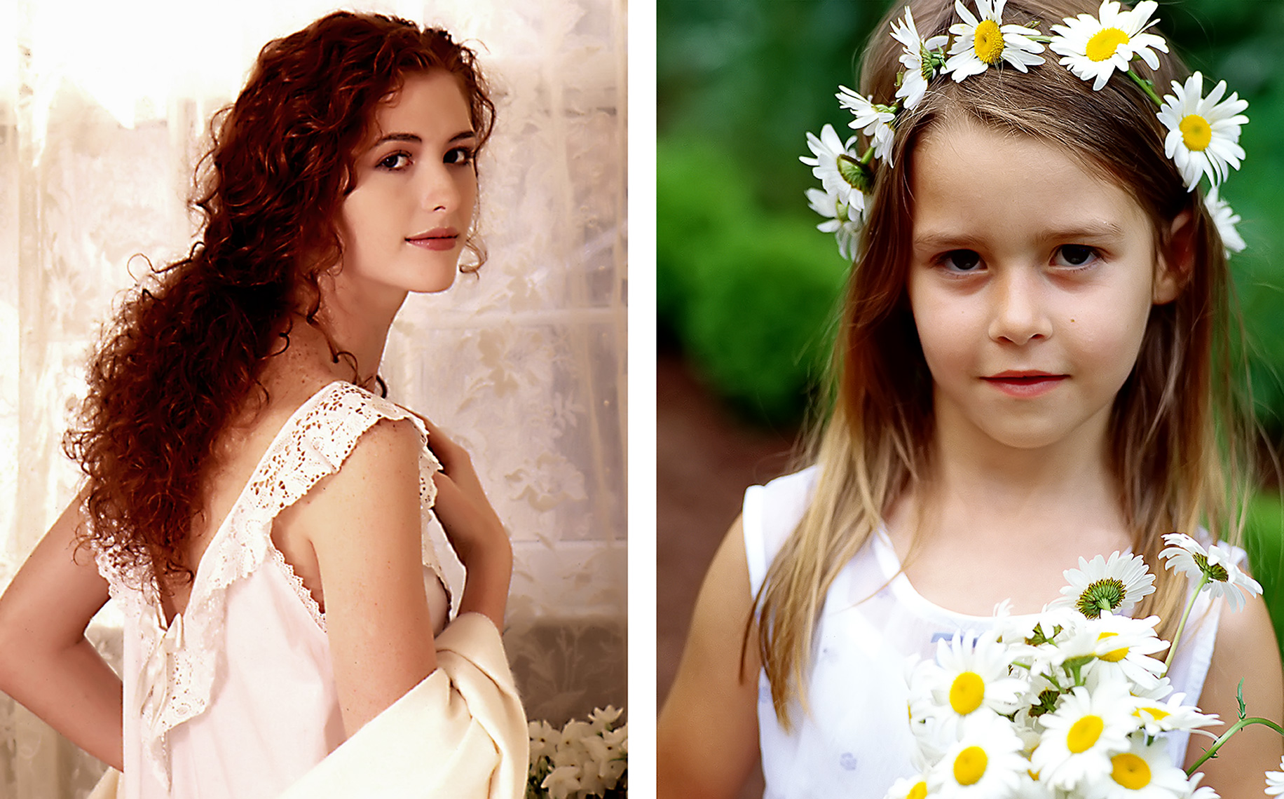 pretty redhead girl and young girl with daisy