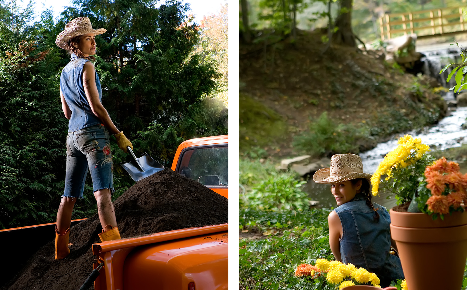 pretty girl shoveling dirt 
