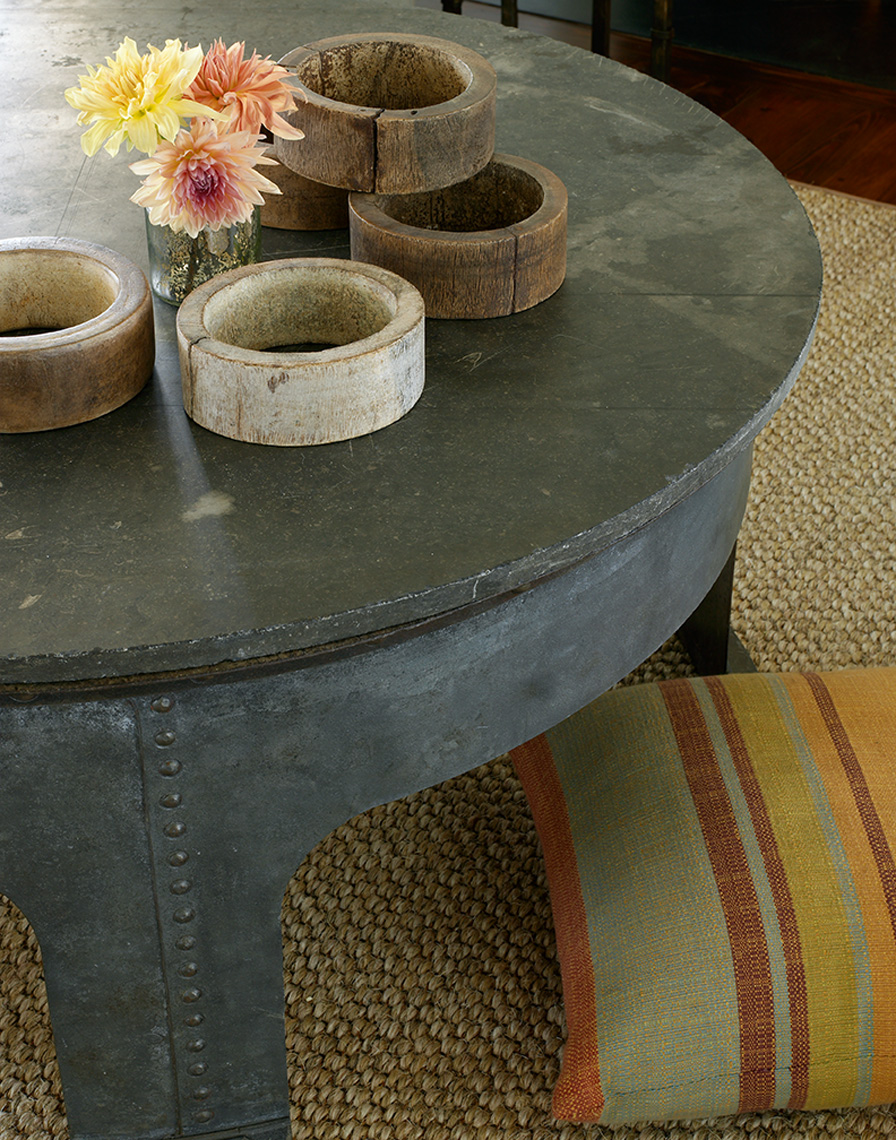grey wooden coffee table table with wooden rings